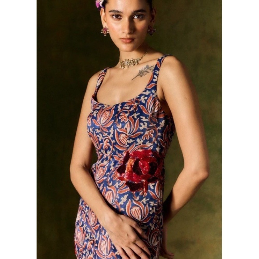 JODI Inaaya Silk Dress Sz M Midi Floral Hand Embroidery Hand Printed Lined Boho - Picture 4 of 15